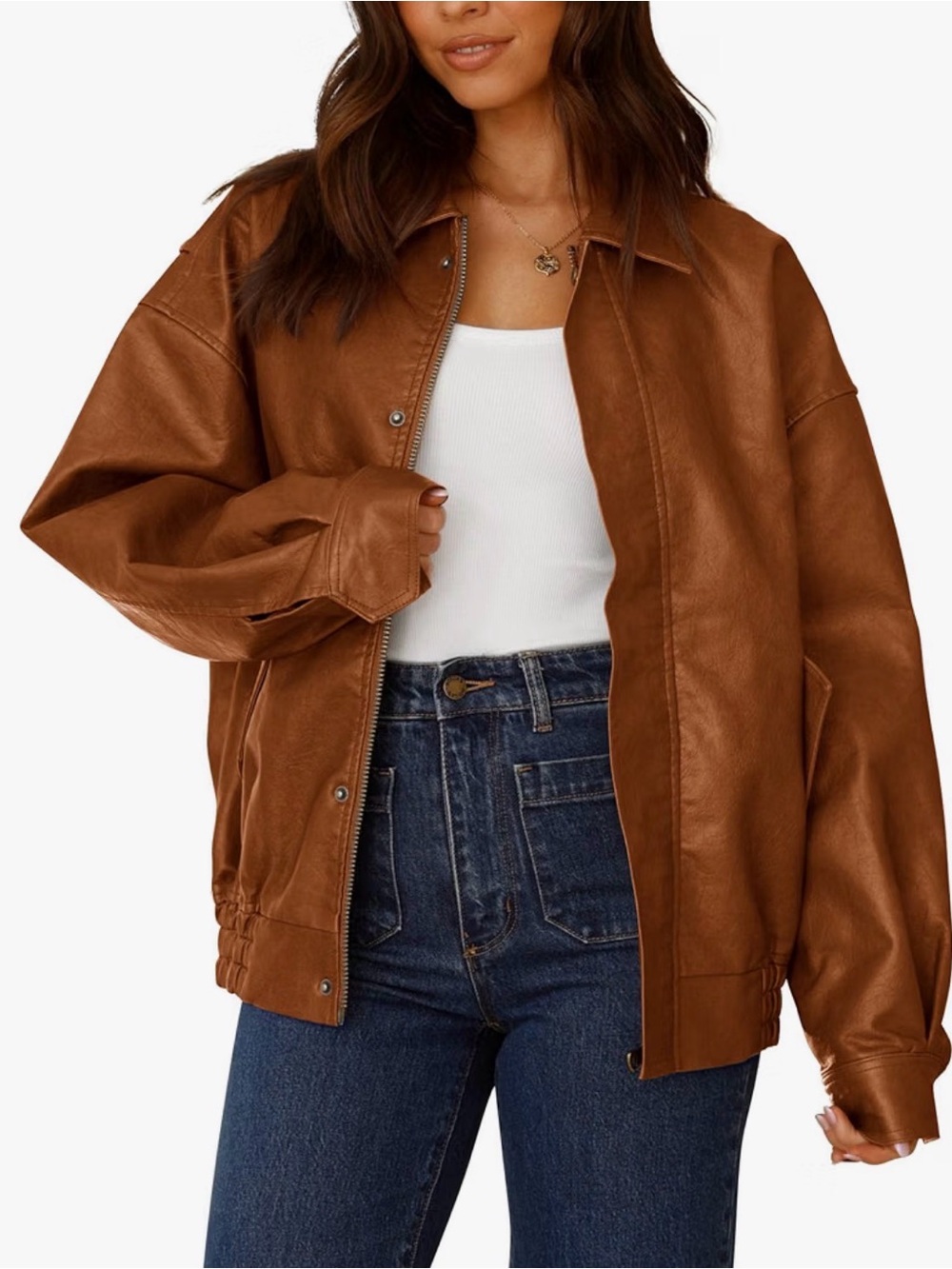 Women's Tan Faux Leather Oversized Jacket - Casual Bomber Style
